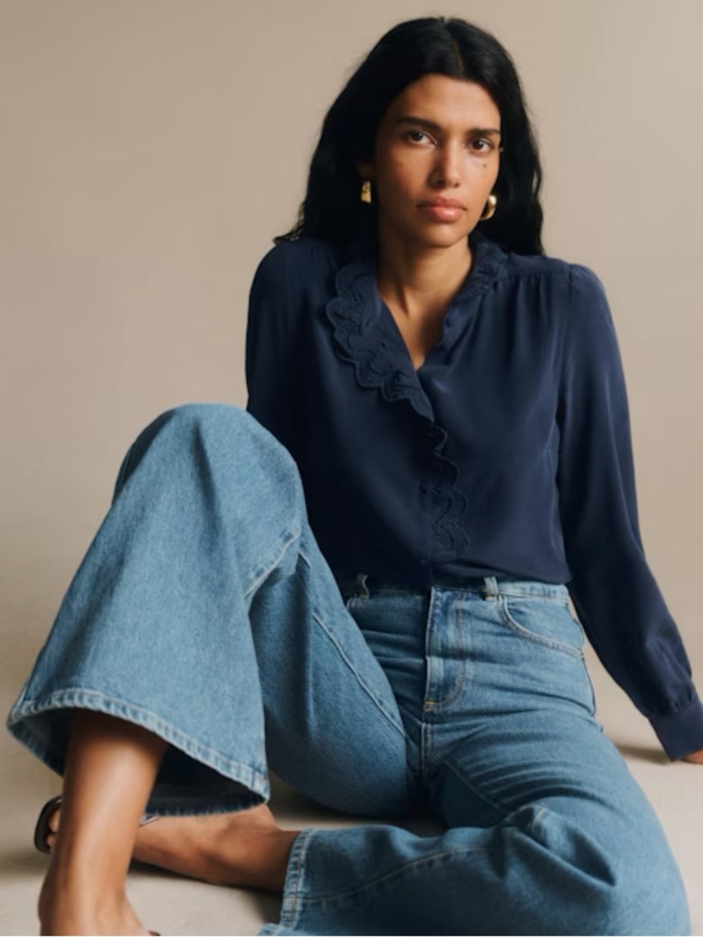 NWT Sézane Chlo Shirt - Navy - Size 6/38 - Embroidered Detail Blouse - 100% silk